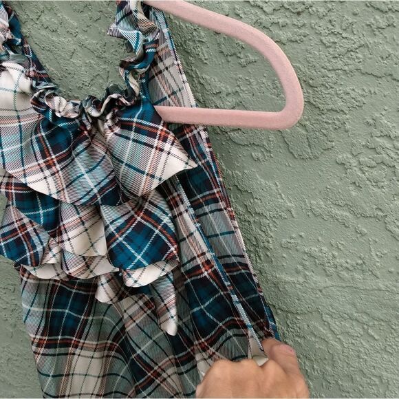 EUC ESSENTIALS BY MILANO Green/White/Red Plaid Ruffled Sleeveless High Neck Top - Picture 5 of 9